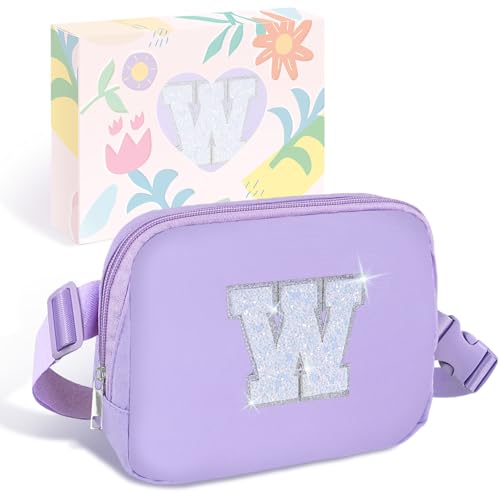 Image of COSHAYSOO Purple Belt Bag Crossbody Initial Fanny Waist Pack Preppy Cute Trendy Gifts for 5 6 7 8 9 10 11 12 13 14 Year Old Girls Preteen Tween Teen Birthday Christmas Valentines Easter Letter W