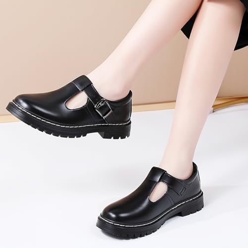 Image of Women's Platform T-Strap Mary Janes Oxford Dress Shoes | Chunky Non-Slip Classics Round Toe Comfort Casual School Work Uniform Shoes with Buckle Retro Comfortable Walking Shoes