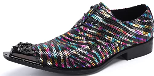 Santimon Men's Dress Derby Rainbow Stripe Metal Lion Embossed Shoes