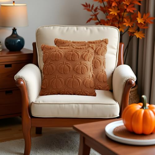 Vfuty Fall Decorative Pillow Cover 18x18 Set of 2 Autumn Decor Rust Pumpkin Pillow Case Soft Faux Fur Thanksgiving Accent Cushion Cover for Chair Sofa Bedroom Living Room — view 4