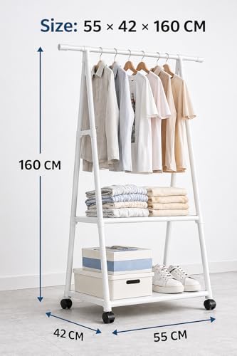Image of AARKRI SALES 3-Tier Clothes Rack with Wheels, Double Hanging Rod Garment Rack, Multi-Layer Shoe Storage Organizer, Heavy Duty Metal Frame with Hooks for Bedroom Entryway (Triangular Shoe and Hat Rack)