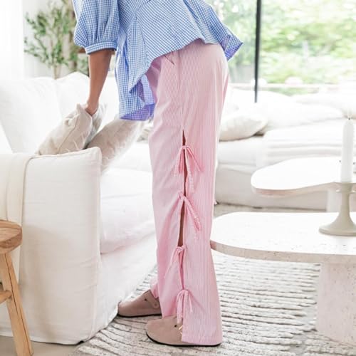 Image of Y2K Gingham Pants for Women Bow Tie Side Slit Wide Leg Lounge Bottom Plaid Checkered Loose Fit Going Out Pants