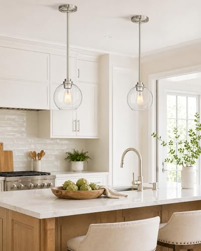 Image of 2 Pack Pendant Lights Kitchen Island, 8 inch Brushed Nickel Pendant Light Fixtures with Globe Clear Glass Shade, Modern Kitchen Island Lighting for Bathroom, AD-22280-2PL-SN