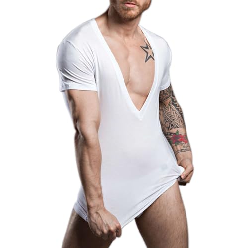 Men's Modal Soft & Stylish Deep V-Neck Short Sleeve Tee Shirt with Low Cut & Slim Fit & Stretch White S