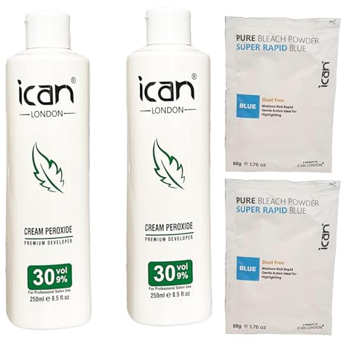 ICAN LONDON CREAM PEROXIDE 30 VOL 9% 250ML x 2 + RAPID BLUE POWDER BLEACH 80G x 2 SET