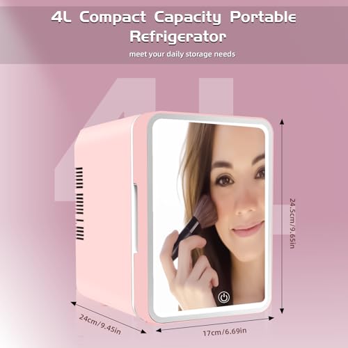 Suewidfay Mini Fridge for Bedrooms 4L, Skincare Fridge with LED Mirror 3 Adjustable Pink Mini Fridge, Cooler Warmer AC DC Power Car Fridge 12v Beauty Fridge for Travel Cosmetics Drinks - Image 5