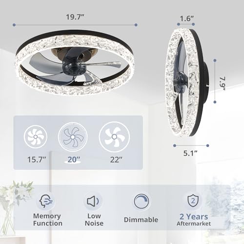 LEDIARY - 20" Modern Ceiling Fans with Lights and Remote Control, Low Profile Adjustable Ceiling Fan, Bladeless Flush Mount Ceiling Fan, Change