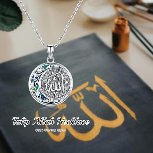ROMANTICWORK Allah Necklace with Crescent Moon Tulip 925 Sterling Silver Islamic Muslim Pendant Necklace Islamic Muslim Religious Jewellery Gifts For Women Men - Image 2