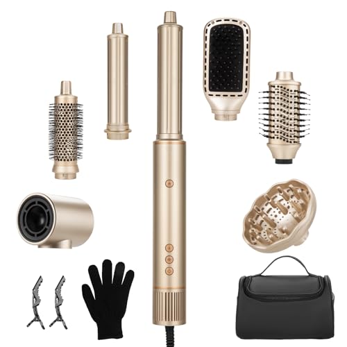 REITOW 7-in-1 Dual Voltage Hot Air Styler: Blow Dryer Brush Set with Negative Ion & Cool Shot - Auto Wrap Curling/Fast Drying- No Heat Damage/Frizz Free - with Diffuser & EU Adapter & Travel BagGold