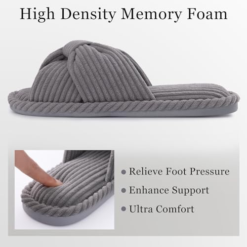 Image of Evshine Summer House Slippers for Women Corduroy Cross Bow Indoor Slippers Open Toe Slip On Bedroom Shoes with Memory Foam