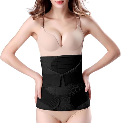 3 in 1 Postpartum Belly Wrap for Women Adjustable Pregnancy & Postnatal Support Belt C-Section Recovery Waist Trainer & Pelvic Support Binder (Black XXL)