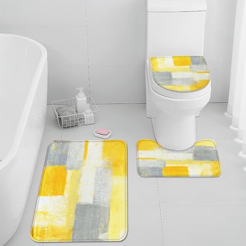ArtSocket Bathroom Rugs and Mats Set 3 Piece, Yellow Grey Abstract Art Painting Absorbent Microfiber Memory Foam Bath Mat Machine Washable Bathroom Floor Mats