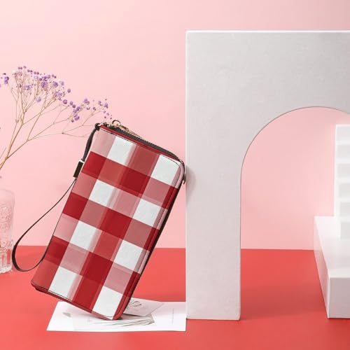 Red Checkered White Squares Wristlet Long Wallet Womens Purse Zip Clutch Large Capacity Leather Purse Credit Coin Purse 6