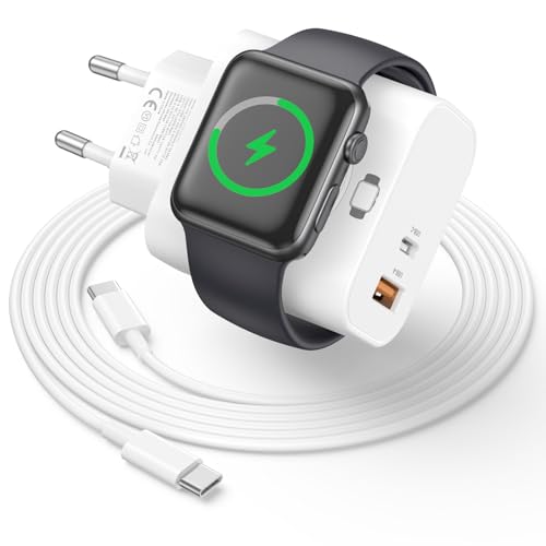Cargador para Apple Watch, 3 en 1 20W USB C Cargador Carga Rapida con Cable 2M, iWatch Car-gador Reloj Compatible con Apple Watch Series 10/9/8/7/6/5/4/SE/Ultra, iPhone 16e/16/15/14/13 de 2 Puertos