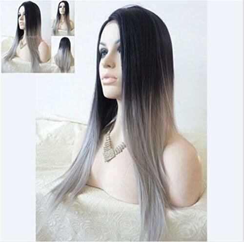 Futuretrendmost Popular Cheap Ombre Wig Womens Lady's Long Stright Wigs Two Tone Black to Grey Synthetic Hair Wigs Soft Degree