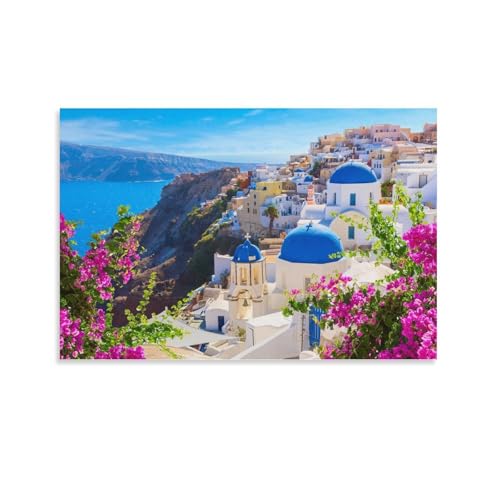 北欧地中海島ギリシャ サントリーニ島エーゲ海風景キャンバス絵画ポスター キャンバス 壁アートホーム バスルーム 寝室 オフィス装飾 プリント芸術作品 インテリア12x18inch(30x45cm)
