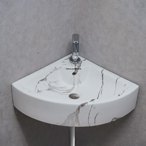 Image of REMANENCE Ceramic Wall Hung Corner Wash Basin for Bathroom | Wall Mounted Corner Sink (20.4 x 15 x 6 Inch) (White Black Stripe)