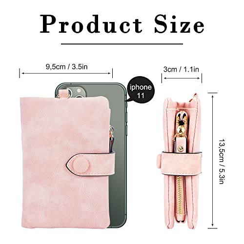 Conisy Small Wallet for Women Leather Bifold RFID Blocking Ladies Purse with Wristlet Zipper Coin Purse (Pink)