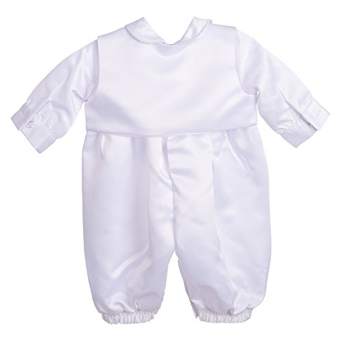 Dressy Daisy Infant Baby Boy Christening Baptism Outfit Satin Romper Bodysuit Set with Bonnet Hat Size 0-18 Months, White3