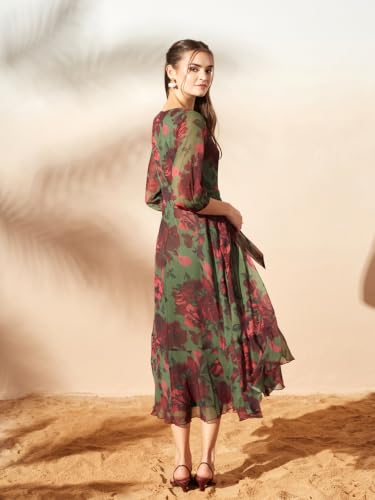 Image of Miss Chase Women's Multicolored Black Floral V-Neck 3 /4 Sleeve Wrap Chiffon Midi Dress