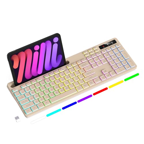Image of Soueto Wireless Keyboard with 7-Color RGB Backlit, Full-Size Computer Keyboard with Phone Tablet Holder, 2.4G Rechargeable Gaming Keyboard with Light Up Keys, Compatible with Mac, Windows (Latte)