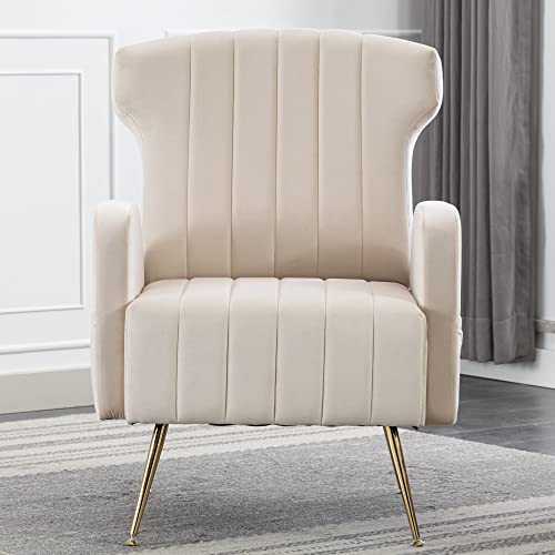 Homefun Wingback Accent Chair Set Of 2,Velvet Upholstered Armchair Single Modern Sofa With Metal Legs For Living Room Bedroom Office Beige #TOP1