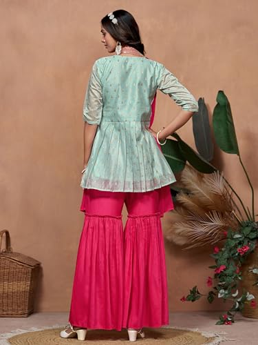 Image of EthnicJunction Womens Chanderi Silk Embroidered A-Line Kurta with Sharara & Dupatta | sharara Set | Wedding Outfit | Heavy Outfit