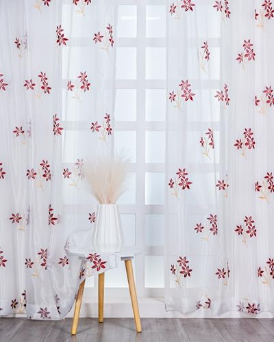 Image of (7 ft Sheer Tissue with Embroidery 3 Flower Design|Grommet Curtains Window Long Curtain|Tissue Fabric Window Curtain (Maroon & Golden)|for Home|(Pack of 2)|213 L X 121 W cm