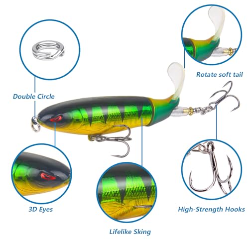 Rtgse 10Pcs Whopper Fishing Lure For Bass Popper Top Water Fishing Lures With Floating Rotating Tail Barb Treble Hooks In Saltwater Freshwater Plopping Lures Kit thumb #1