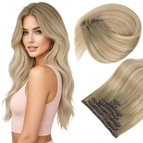 Sunny Hair Clip in Hair Extensions Real Human Hair Blonde Balayage 14 Inch