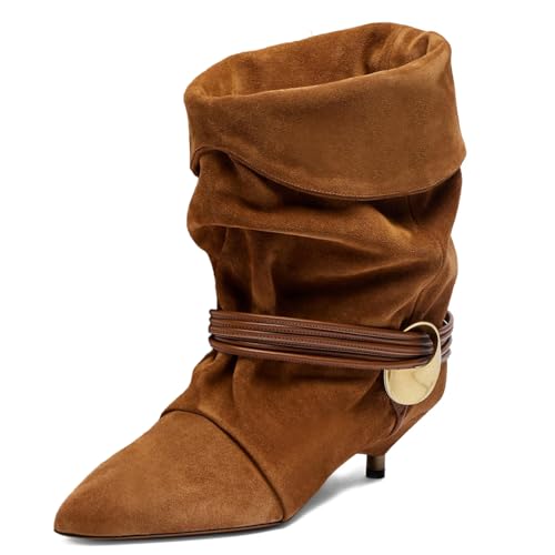 Womens Slouchy Kitten Heel Boots Pointed Toe Suede Ankle Boots Slip On Causal Winter Short Booties
