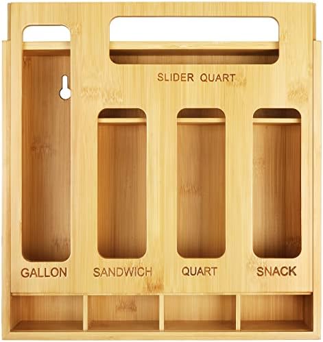 DUJEN Bamboo Ziplock Bag Storage Organizer, Food Storage Bags Container Organizer with Slider, Kitchen Plastic Bags Storage Compatible with Gallon, Quart, Sandwich & Snack Variety Size Bags