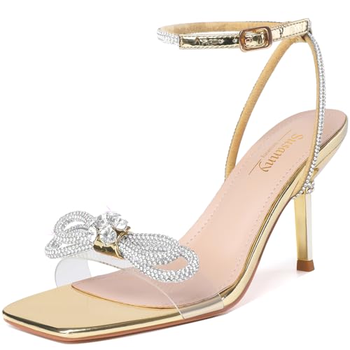 Image of Susanny Women's Closed Toe Rhinstone Wedding Low Heel Slingback Clear Kitten Heels,Adjustable Strap Pointed Toe Bow Pumps High Heeled Prom Dress Shoes