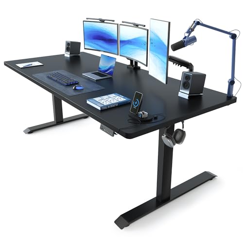 Image of FEZIBO 63 x 37 Inch Standing Desk with Integrated Dual-Beam, Cable Management, 3 Memory Height Adjustable Computer Desk for Home Office Workstation, 1 inch Thick Large 3-Piece Desktop Black