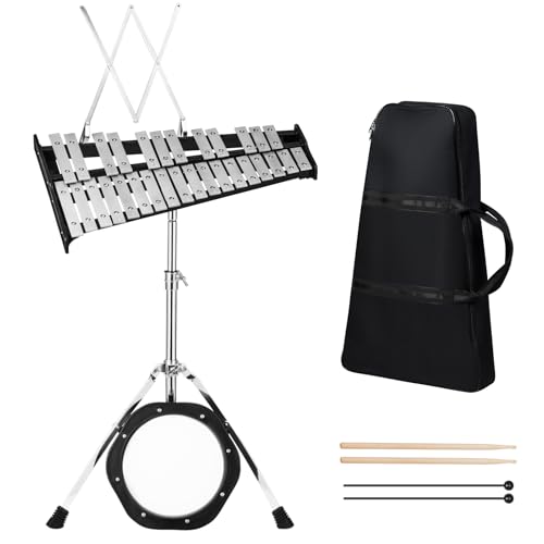 Costzon 30 Notes Glockenspiel Xylophone Bell Kit, Xylophone Percussion Instrument with Height Adjustable Stand, Music Stand, 8'' Practice Pad, Mallets, Drumsticks & Carrying Bag for Beginner Students