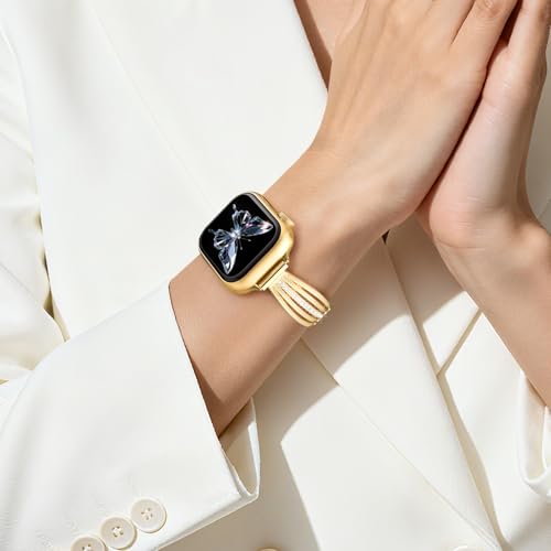 Image of AIRSPO Slim Gold Band Compatible with Apple Watch 38mm 40mm 41mm 42mm 44mm 45mm 46mm Women Thin Metal Strap Dressy Jewelry Bracelet with Bling Diamond for iWatch Bands Series 11 10 9 8 7 6 5 4 3 SE (Gold-02, 38mm /40mm /41mm /42mm(Series 10))