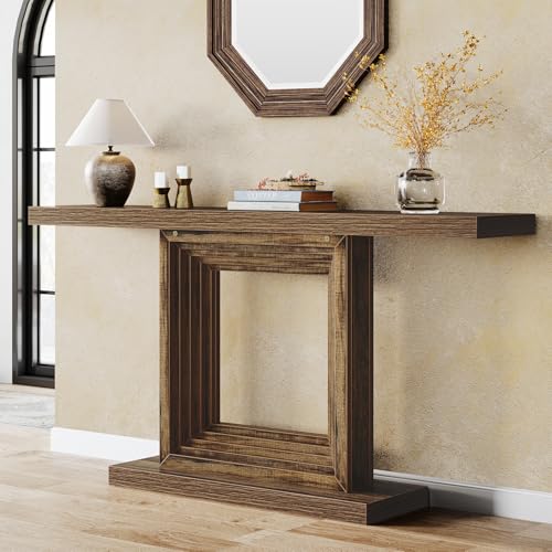Tribesigns55-Inch Console Table for Entryway, Farmhouse Hallway Foyer Table with Unique Square Cutout Base, Long Wood Console Table for Living Room, Entrance, Brown