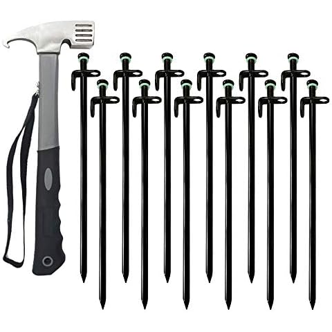 Clarmonde Tent Stakes & Tent Hammer, Heavy Duty Camping Pegs, Forged Steel Tent Pegs Unbreakable and Inflexible, Available in Rocky Place Dessert Snowfield and Grassland (30cm/12in,12Pcs +1Pcs Hammer) Cover