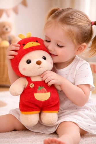 Image of RVA Soft Toy Cute Duck Hoodie Teddy Bear Soft Stuffed Animal Doll 30 CM for Kids, Babies & Toddlers | Huggable Cuddly Plush Gift for Boys & Girls (Red)