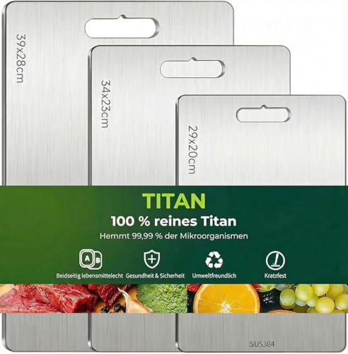 Lot de 3 planche a decouper en titane，planche à découper en titane，planche à découper titane - Pour viande, pain, légumes et fruits - 29 x 20 cm, 34 x 23 cm et 39 x 28 cm