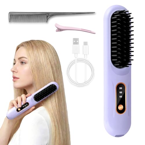 Cordless Ionic Hair Straightener Brush (Purple)