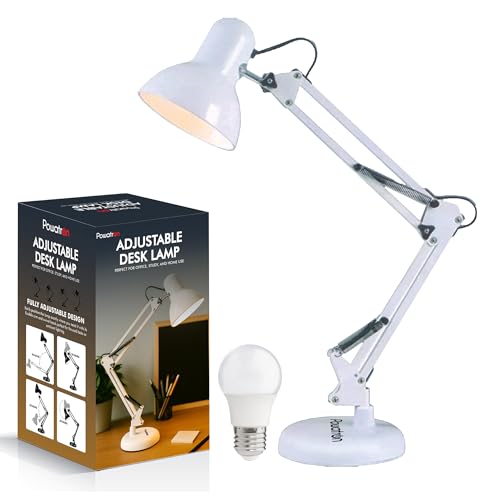 Powatron Adjustable Desk Lamp with UK Plug & E27 Bulb Included – Flexible Metal Arm, Rotatable Head, 150° Adjustable Design, On/Off Switch & 1.5m Cord – Office, Study, Bedroom (White)