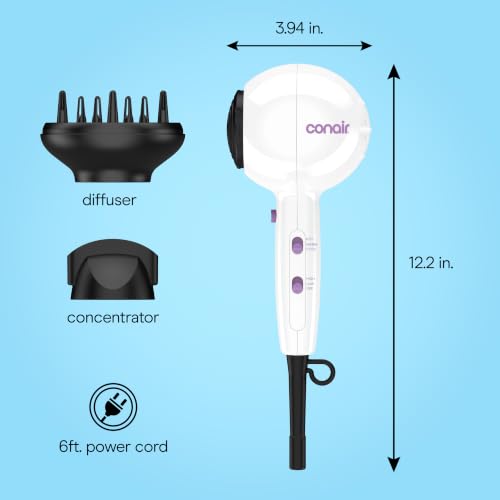 Image of Conair Cake Pop Hair Dryer with Diffuser & Concentrator Attachments, Blow Dryer, Hair Dryers for Women, Tourmaline Ceramic Technology, 3 Heat /2 Speed Settings, Compact Hair Dryer w /Concentrator, White