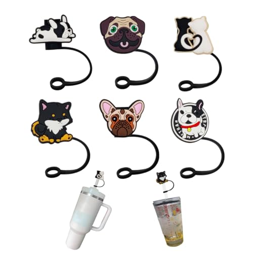 6 Pieces Cute Drinking Straw Caps Cover for 6-8 mm Reusable Drinking Stanley Cup Straw Tips Lids Dust-Proof Straw Plugs(Kitten, Puppy)