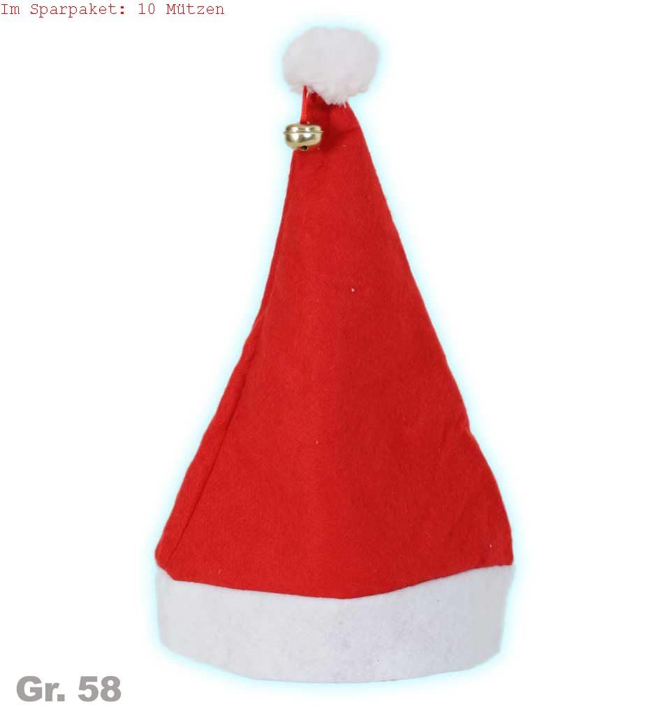 Paquete de ahorro: 10 gorros de Papá Noel con cascabeles, cada uno talla 58, para mercado de Navidad, stand de vino caliente, cantar Adviento, fiesta de Navidad