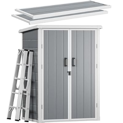 DWVO Outdoor Tall Storage Shed 60 Cuft with 2 Shelves, 5X3FT Vertical Tool Shed with Floor & Lockable Doors, Sturdy Double-Wall Plastic Cabinet for Garbage Cans and Garden Storage