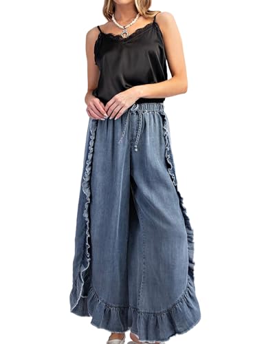 Jeans for Women 2024 Summer Boho Ruffles Raw Hem Drawstring Wide Leg Denim Pants3