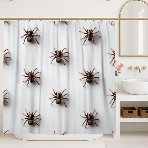 Tenda da doccia a forma di ragno, colore bianco e marrone, decorazione da bagno per Halloween, design moderno e divertente, impermeabile, in tessuto con ganci, 183 x 213 cm