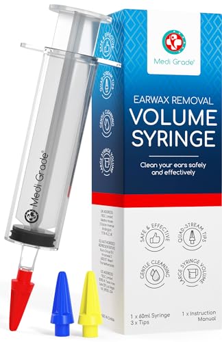 Medi Grade Large Ear Wax Removal Ear Syringe Kit with 3X Quad-Stream Tips, 60ml - Natural Ear Cleaner Ear Wax Remover for Improved Aural Hygiene - Ear Wax Removal Kit Earwax Remover Tool