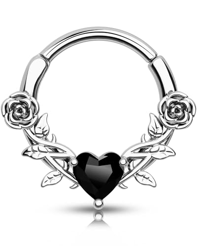CM Crareesi Mania Rose Septum Rings 16G Septum Piercing Jewelry 316L Stainless Steel Daith Earrings Heart CZ Helix Cartilage Conch Piercing Jewelry for Women